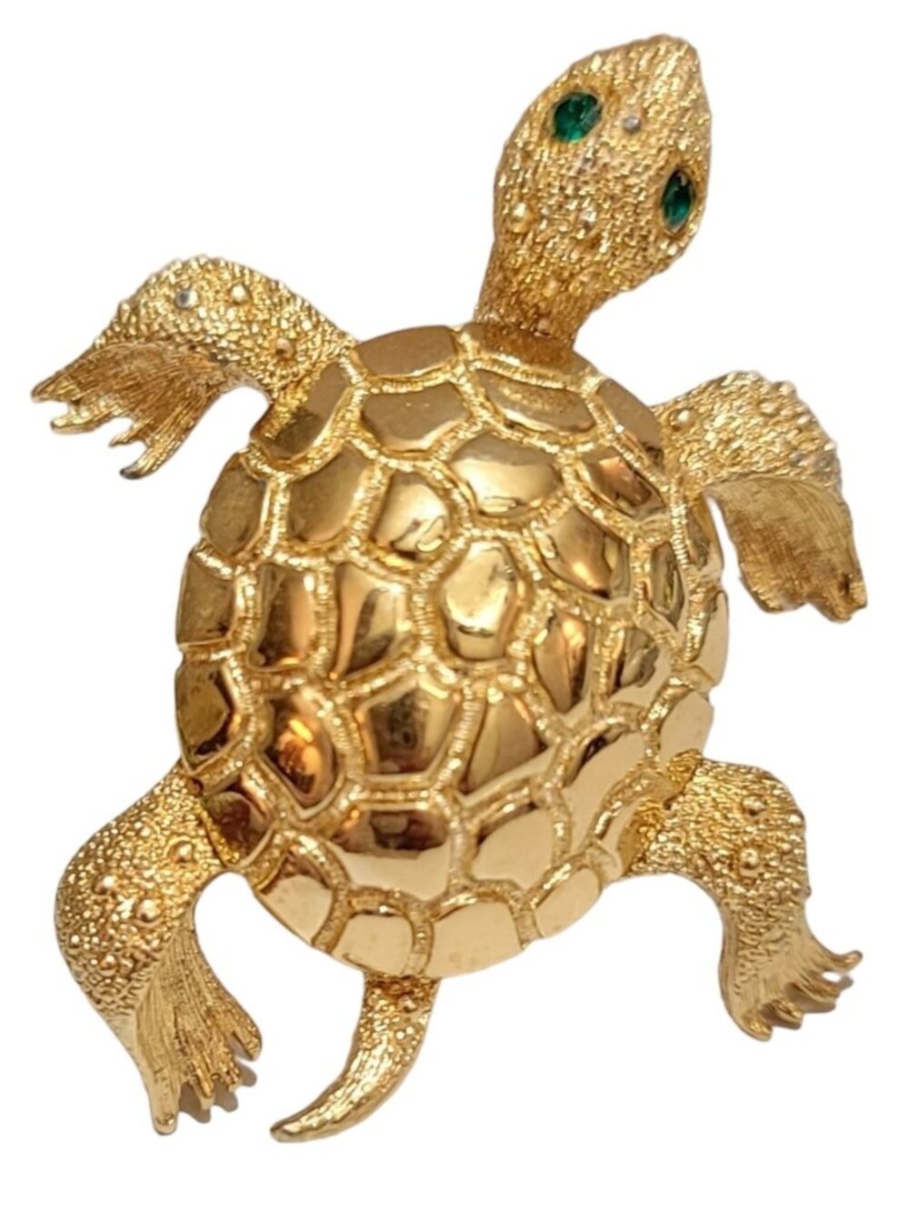 Monet Gold Tone Green Rhinestone Turtle Brooch, Signed M271
